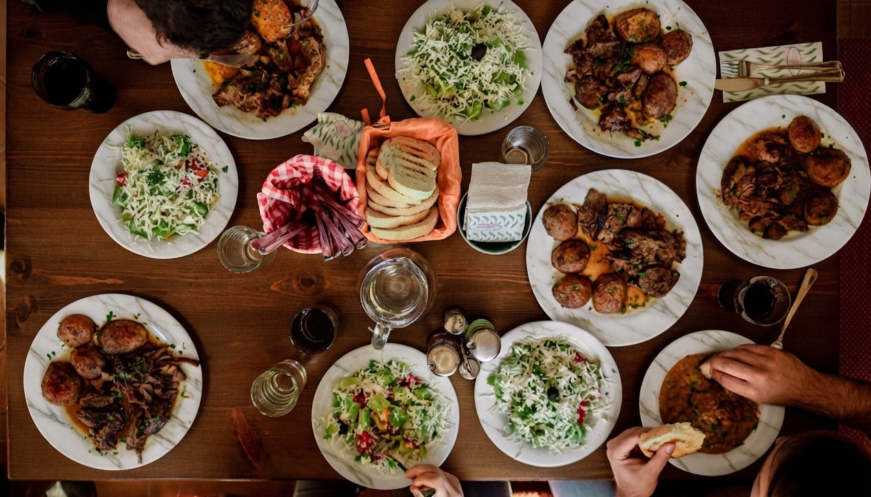 Shared dining table with layered place settings