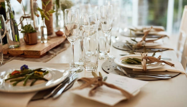 Kitchen prep area with stacked tableware