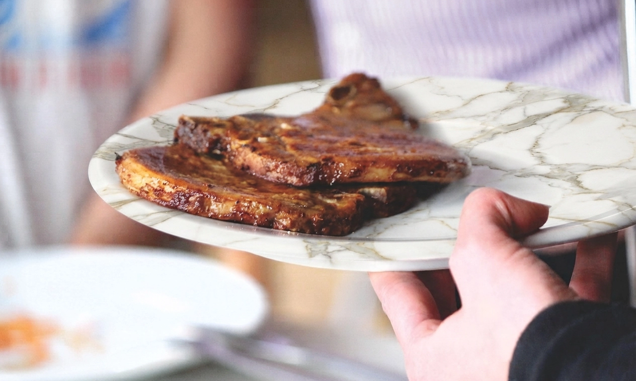 Food and soft light near stoneware