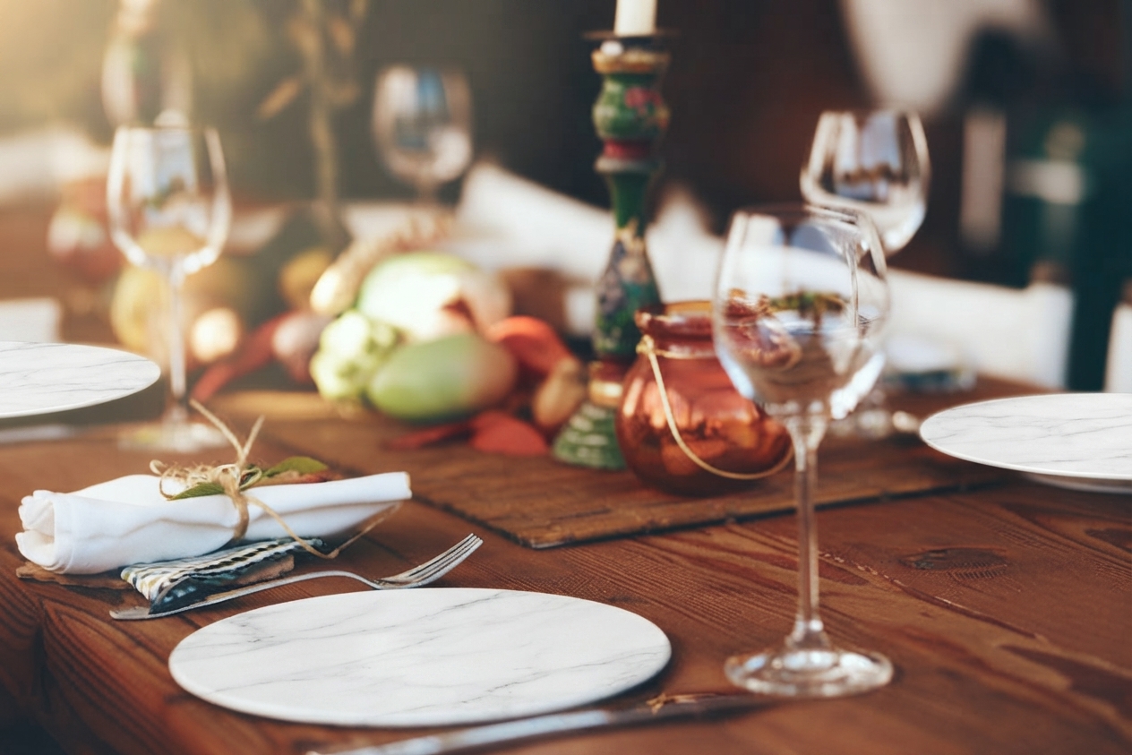 Restaurant table set for an intimate dinner with soft light