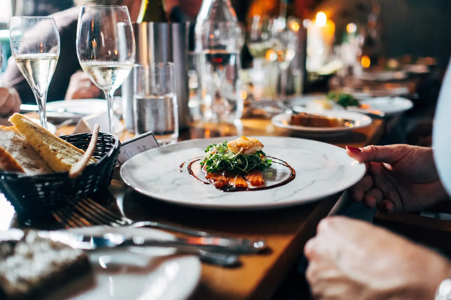 Restaurant table set with natural stone dinnerware