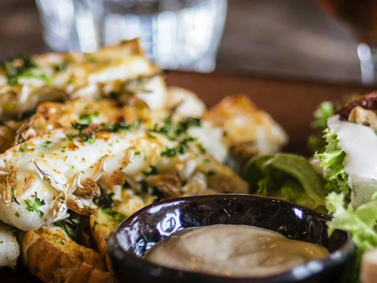 Food served carefully on natural stone